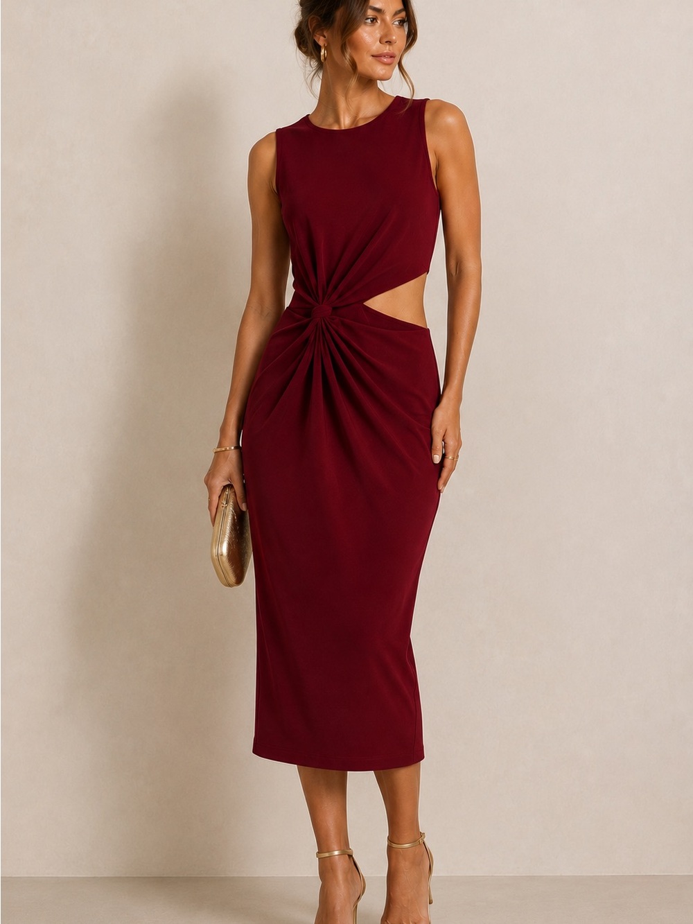 Zara Twist-Knot Side-Cut Midi Dress in Burgundy